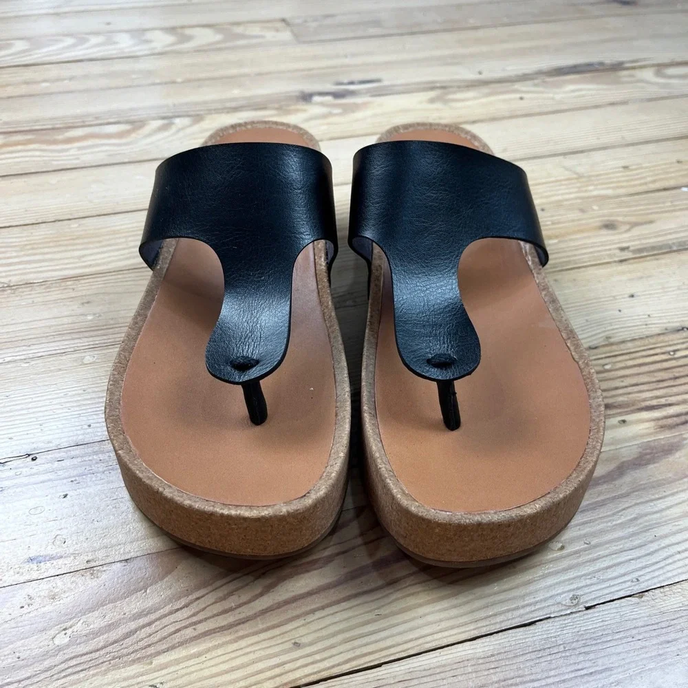 Lucky Brand Lizabi Black Platform Thong Wedge Sandals Cork Heel boho size 9